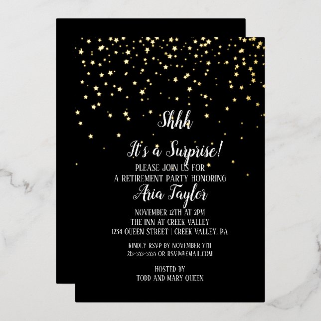 Invitation En Aluminium Shhh It's a Surprise Confetti|Black Party Gold (Recto/Verso)