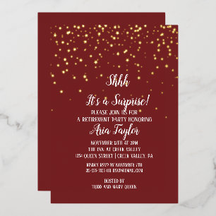 Invitation En Aluminium Shhh It's a Surprise Confetti on Burgundy Gold