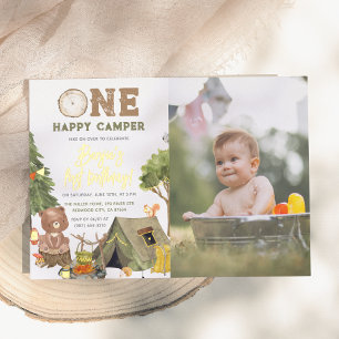 Invitation En Aluminium Shiny One Happy Camper Ours Photo Garçon 1er Anniv