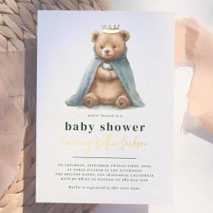 Invitation En Aluminium Shiny Royal Teddy Bear Prince Boy Baby shower