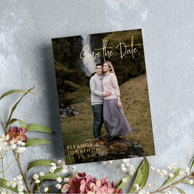 Invitation En Aluminium Signature or Script Photo Enregistrer la date (Créateur téléchargé)