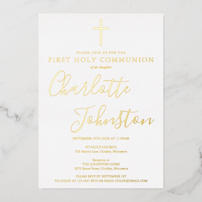 Invitation En Aluminium Signature Script First Holy Communion Gold (Recto)