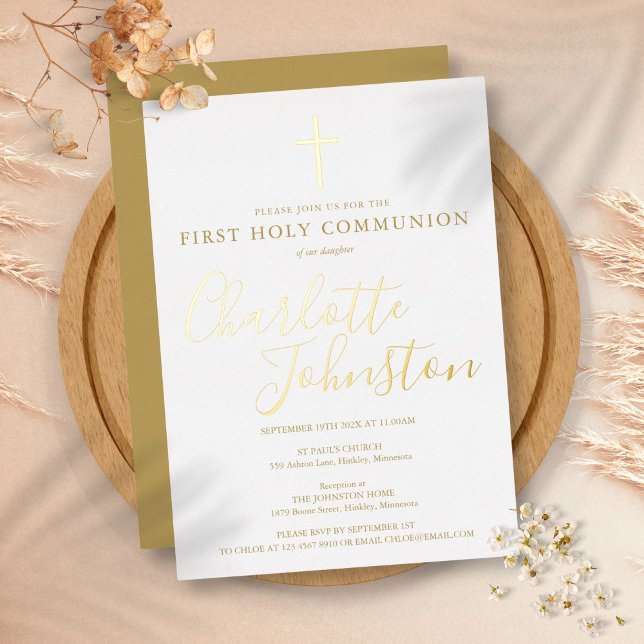 Invitation En Aluminium Signature Script Gold First Holy Communion (Signature Script Gold First Holy Communion Foil Invitation)