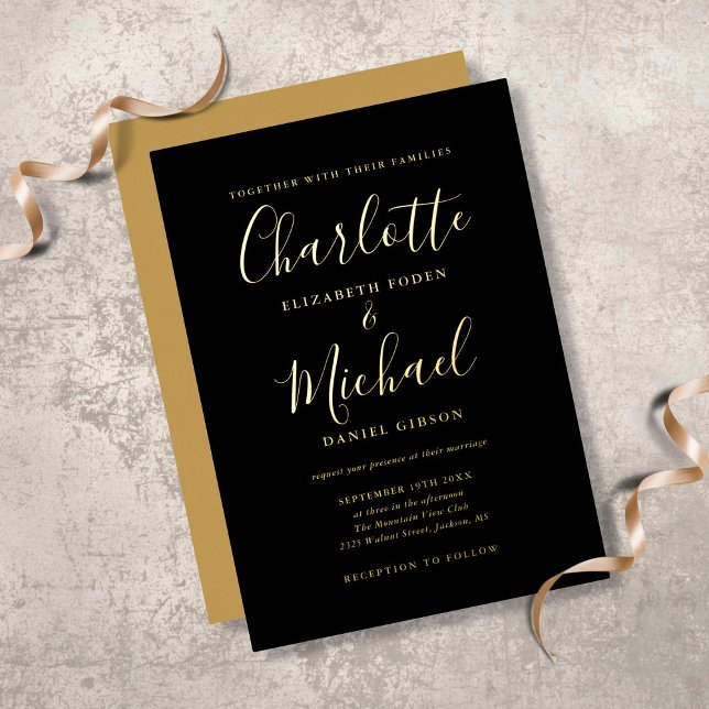 Invitation En Aluminium Signature Script Mariage Noir Et Or (Créateur téléchargé)