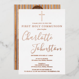 Invitation En Aluminium Signature Script Rose Gold Photo Holy Communion