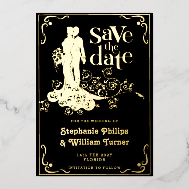 Invitation En Aluminium Silhouette De Mariage Élégante Enregistrer La Date (Recto)
