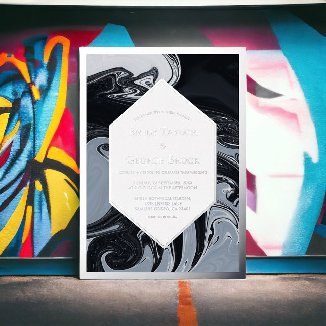 Invitation En Aluminium Silver Abstrait noir et blanc minimal (Créateur téléchargé)