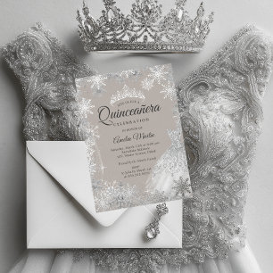 Invitation En Aluminium Silver Beige hiver Flocon de neige Quinceanera