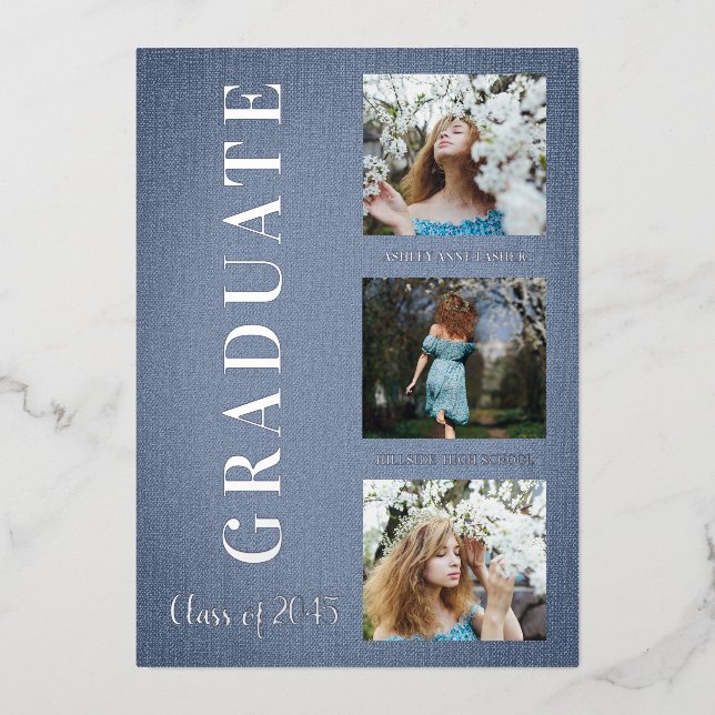 Invitation En Aluminium Silver Blue Modern 3 Photos Graduation Texture (Recto)