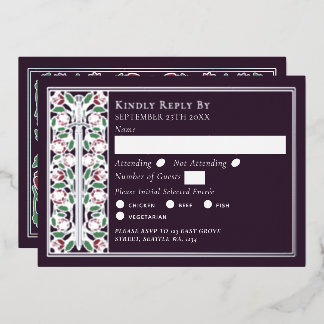 Invitation En Aluminium Silver Eggplant Medieval Floral Sword Wedding RSVP