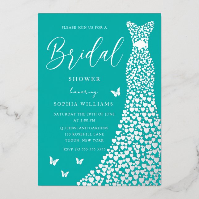 Invitation En Aluminium Silver Foil Heart Dress Teal Blue Bridal Shower (Recto)