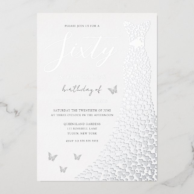 Invitation En Aluminium Silver Foil Heart Gown 60e Anniversaire Fête Real (Recto)