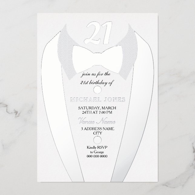 Invitation En Aluminium Silver Foil Tuxedo Suit Mens 21e fête d'anniversai (Recto)