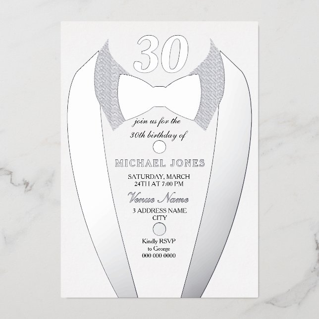 Invitation En Aluminium Silver Foil Tuxedo Suit Mens 30e fête d'anniversai (Recto)