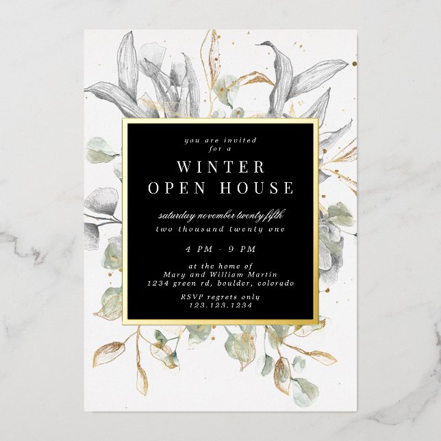 Invitation En Aluminium Silver Gold Floral Elegant Square Open House (Recto)