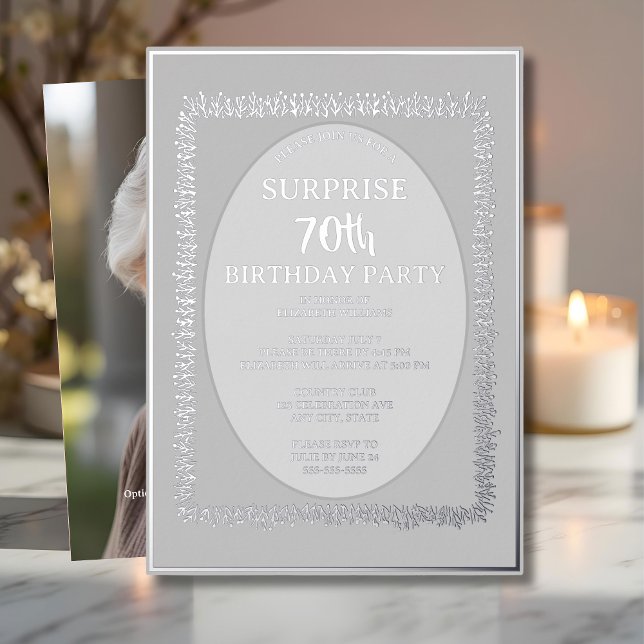 Invitation En Aluminium Silver Grey 70e anniversaire surprise personnalisé (Créateur téléchargé)