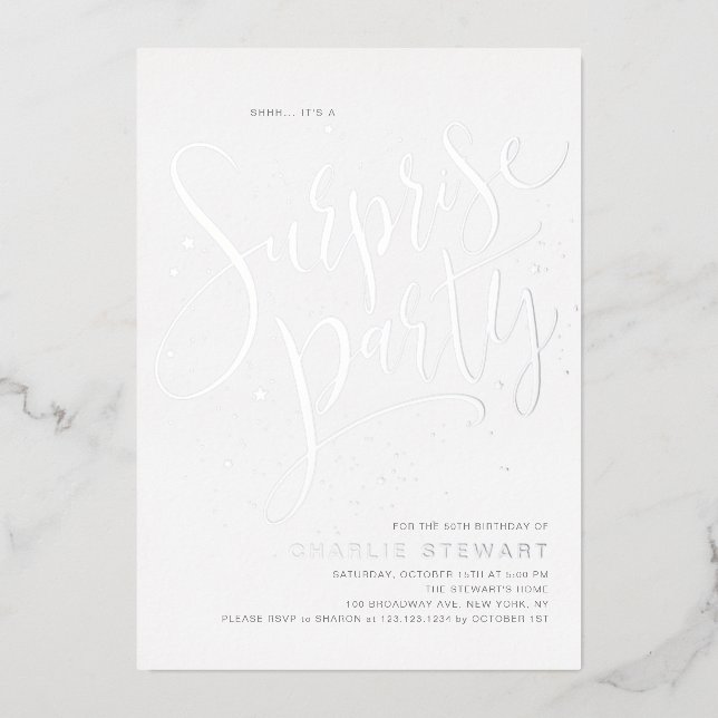 Invitation En Aluminium Silver Modern Script Simple Surprise Party (Recto)