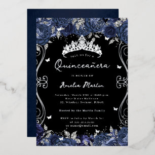 Invitation En Aluminium Silver Navy Swirl Scroll Floral Quinceanera