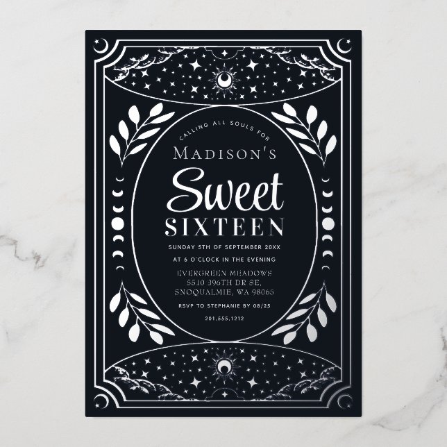 Invitation En Aluminium Silver Tarot Witchy Sweet 16 fête d'anniversaire (Recto)