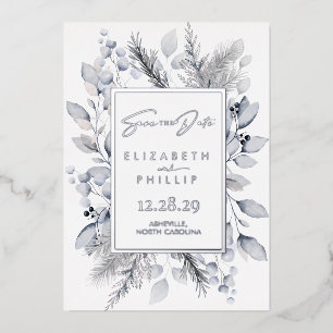 Invitation En Aluminium Silver Winter Botanical Holiday Enregistrer La Dat