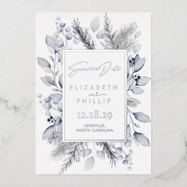 Invitation En Aluminium Silver Winter Botanical Holiday Enregistrer La Dat (Recto)