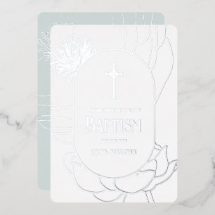 Invitation En Aluminium Simple Argent Floral Blanc Aquamarine Baptême