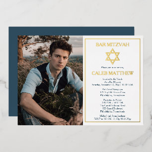 Invitation En Aluminium Simple Blue Photo Star de David Bar Mitzvah - Or