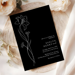 Invitation En Aluminium Simple Chic Floral Élégant Mariage Noir & Argent