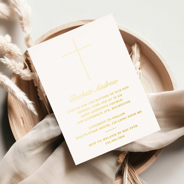 Invitation En Aluminium Simple Croix d'Or Script Baptême (Elegant, simple real gold pressed foil baptism, christening or first holy communion inivitations. )