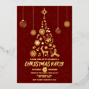 Invitation En Aluminium Simple Dark Festive Rouge et Or Arbre de Noël
