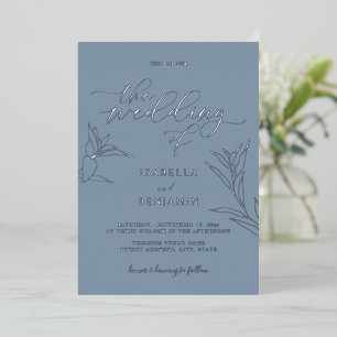 Invitation En Aluminium Simple Dusty Blue Silver Script Mariage botanique
