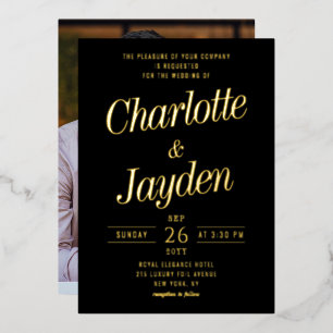 Invitation En Aluminium Simple Elegant Black Gold Script Mariage photo