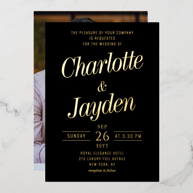 Invitation En Aluminium Simple Elegant Black Gold Script Mariage photo (Recto/Verso)