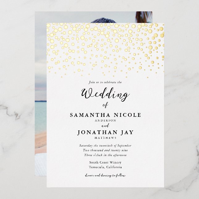 Invitation En Aluminium Simple Elegant Confetti Photo Mariage Gold (Recto/Verso)