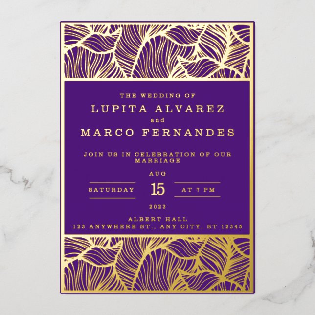 Invitation En Aluminium Simple Elegant or et violet Mariage (Recto)