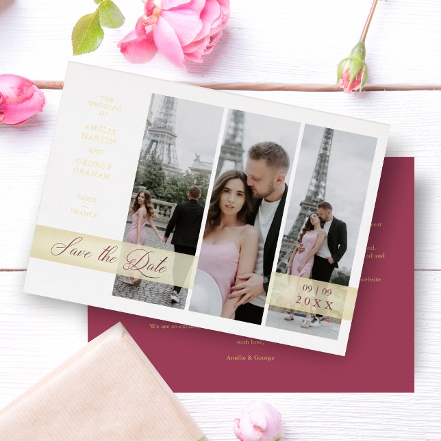 Invitation En Aluminium Simple Elegant Script 3 Photos Couple in Love (Simple Elegant Script 3 Photos Couple in Love Metallic Foil Save the Date Card with Envelope. )
