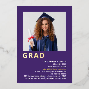 Invitation En Aluminium Simple Grad 2022 Photo Graduation Purple Gold Real