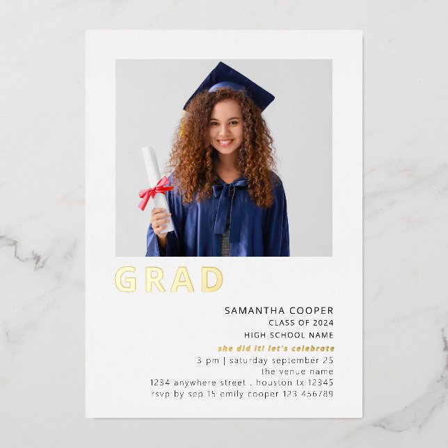 Invitation En Aluminium Simple Grad 2022 Photo Graduation White Gold Real (Recto)