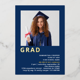 Invitation En Aluminium Simple Grad 2025 Photo Graduation Marine Gold Real
