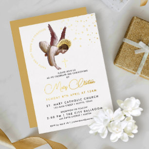 Invitation En Aluminium Simple Luxe Ange de Baptême en Or Blanc Écriture C