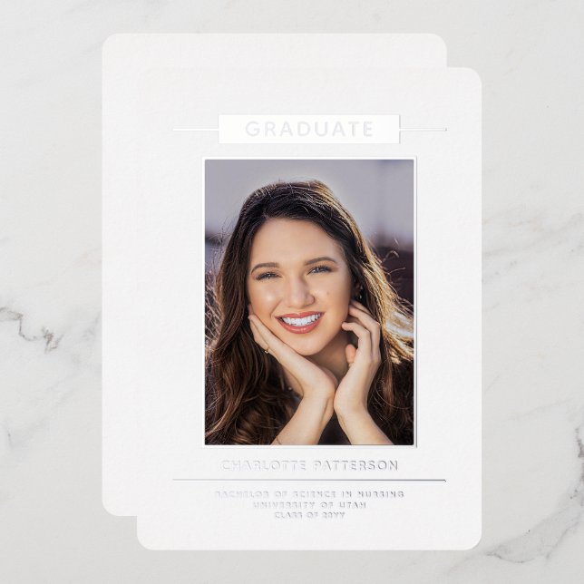 Invitation En Aluminium Simple Moderne Graduation Photo Script Argent (Recto/Verso)