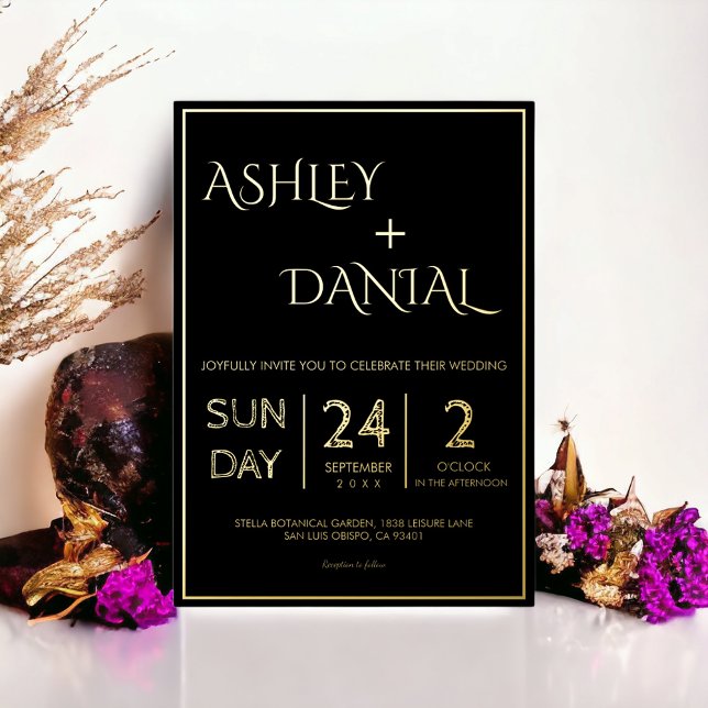 Invitation En Aluminium Simple moderne Noir et or Script Mariage chic (Créateur téléchargé)