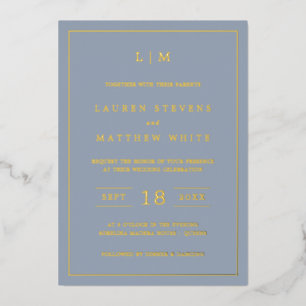Invitation En Aluminium Simple Monogramme Bleu Poussiéreux Élégant Mariage