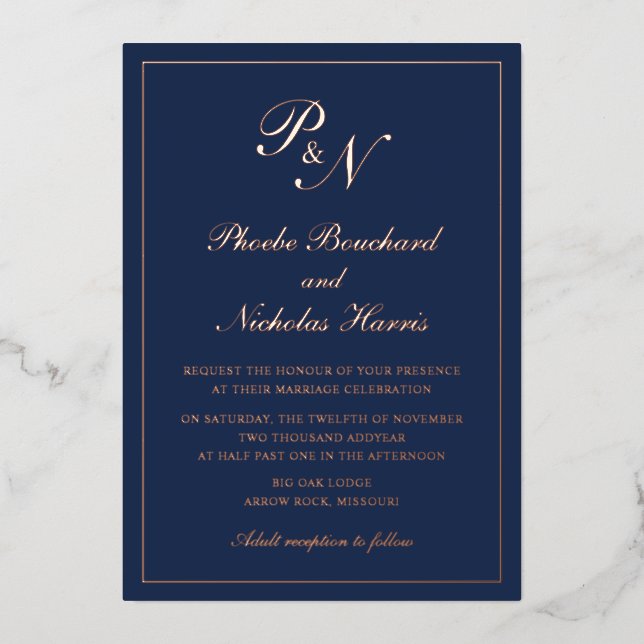 Invitation En Aluminium Simple Monogramme Formel Marine Bleu Mariage Rose  (Recto)
