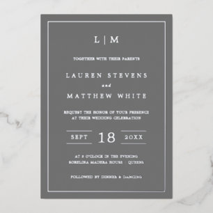 Invitation En Aluminium Simple Monogramme Gris Foncé Élégant Mariage