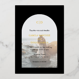 Invitation En Aluminium Simple Noir Monogramme Photo Arche Mariage moderne