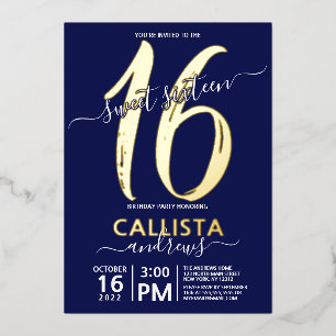 Invitation En Aluminium Simple Or Réel Bleu Marine Sweet 16 Anniversaire