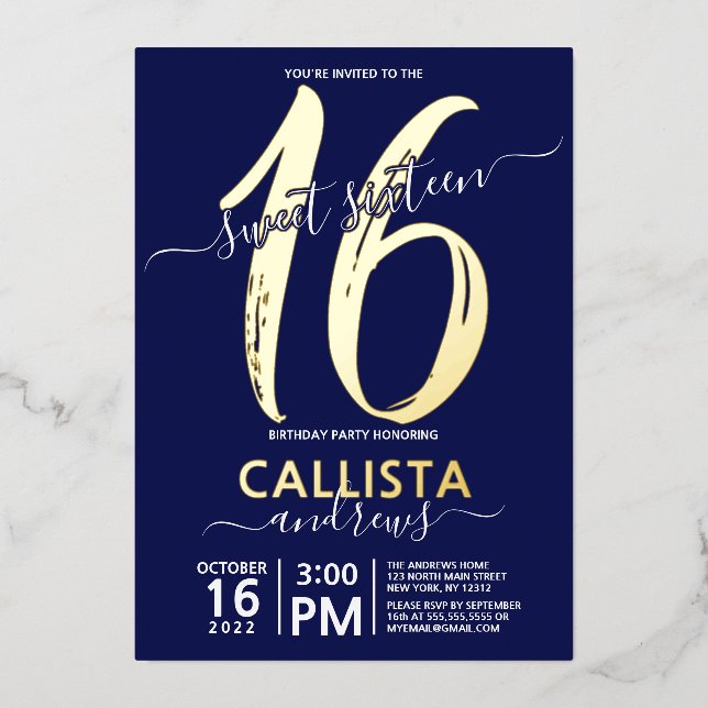 Invitation En Aluminium Simple Real Gold Marine bleu doux 16 Anniversaire (Recto)