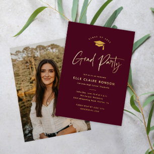 Invitation En Aluminium Simple Script Marron & Or Photo Graduation