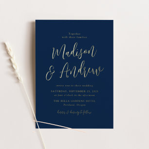 Invitation En Aluminium Simple Script Navy et Gold Mariage